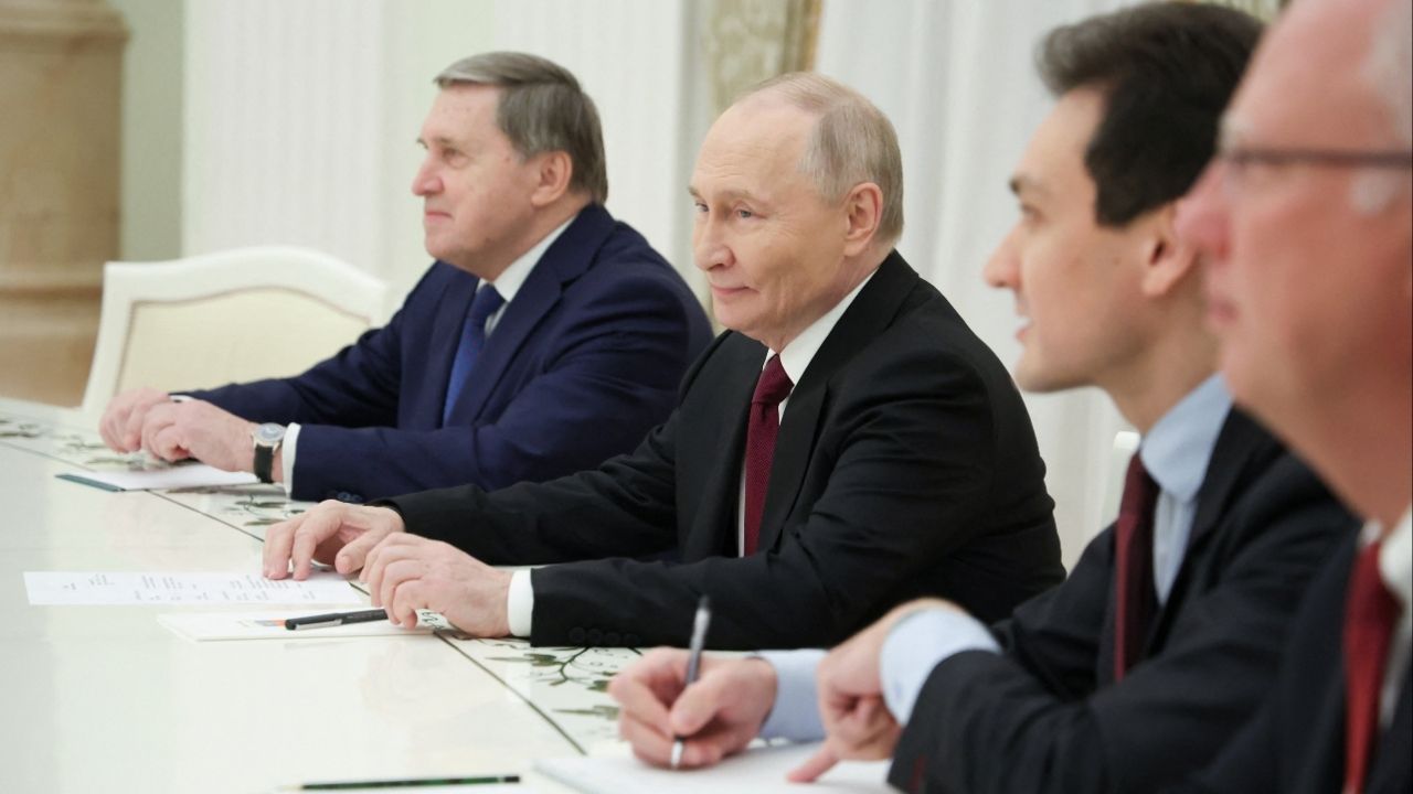 Members of the Russian delegation, led by President Vladimir Putin, attend a meeting with U.S. President Donald Trump's special envoy Steve Witkoff and son-in-law Jared Kushner at the Kremlin in Moscow, Russia, December 2, 2025. (Sputnik/Alexander Kazakov/Pool via Reuters)