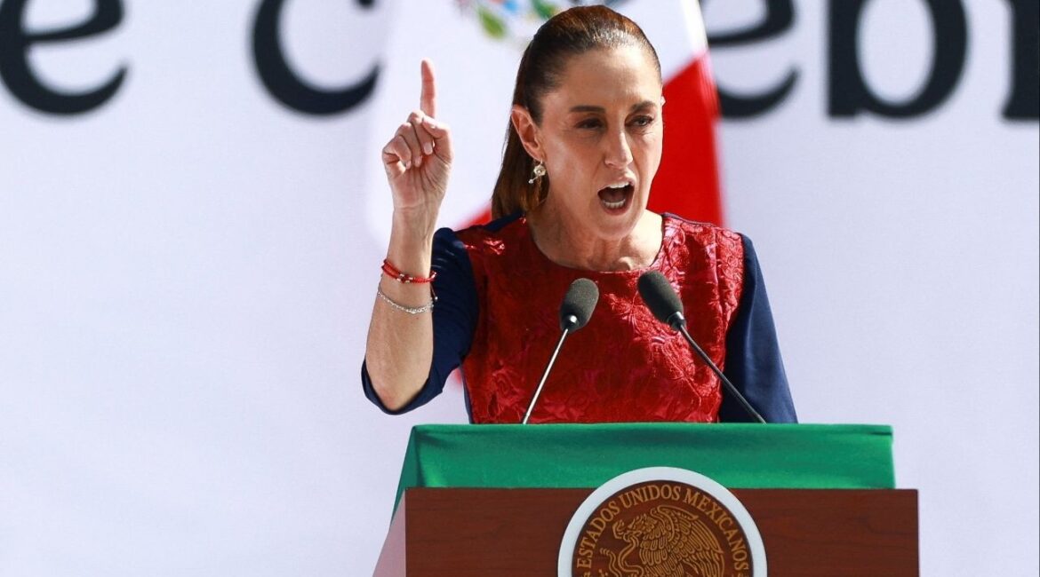Mexico's President Claudia Sheinbaum speaks during an event in Zocalo Square to commemorate 7 years since her party, Morena, came to power, in Mexico City, Mexico December 6, 2025. (Reuters/Raquel Cunha)