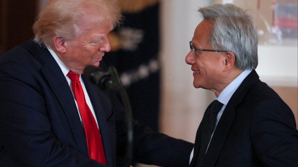 NVIDIA CEO Jensen Huang and U.S. President Donald Trump shake hands at an 'Investing in America' event in Washington, D.C., U.S., April 30, 2025. (Reuters/Leah Millis)