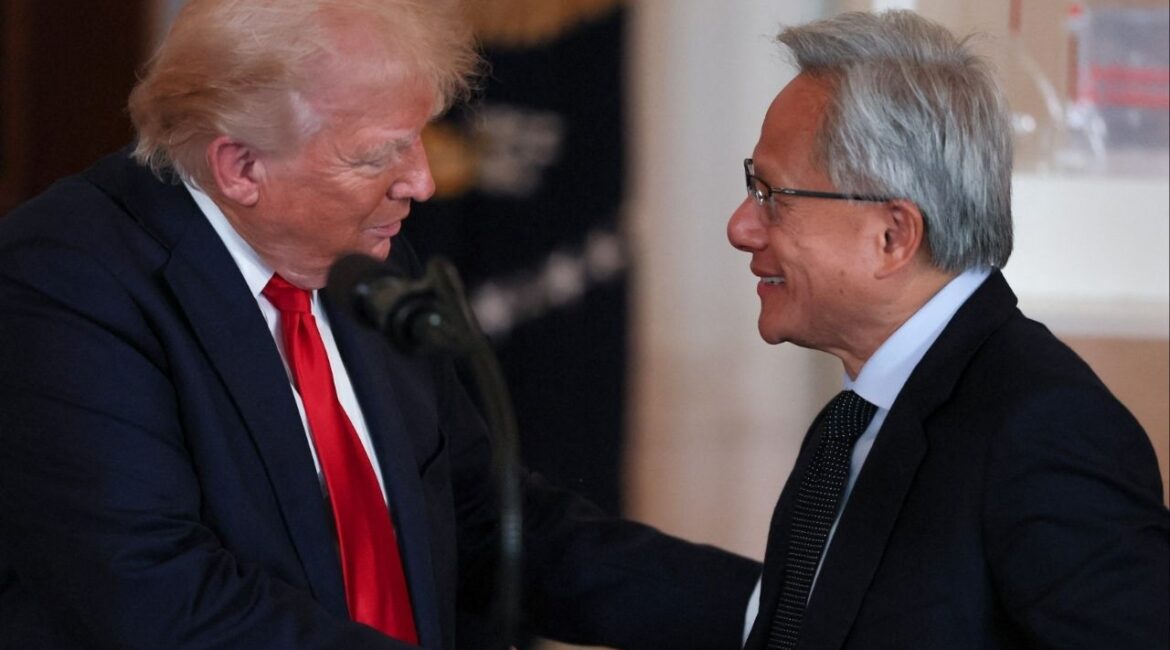 NVIDIA CEO Jensen Huang and U.S. President Donald Trump shake hands at an 'Investing in America' event in Washington, D.C., U.S., April 30, 2025. (Reuters/Leah Millis)