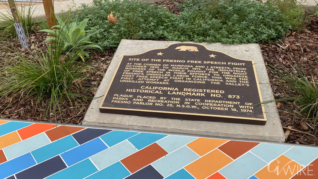 New planters at Mariposa Plaza in downtown Fresno includes artfully-designed areas to sit, and a historical placard