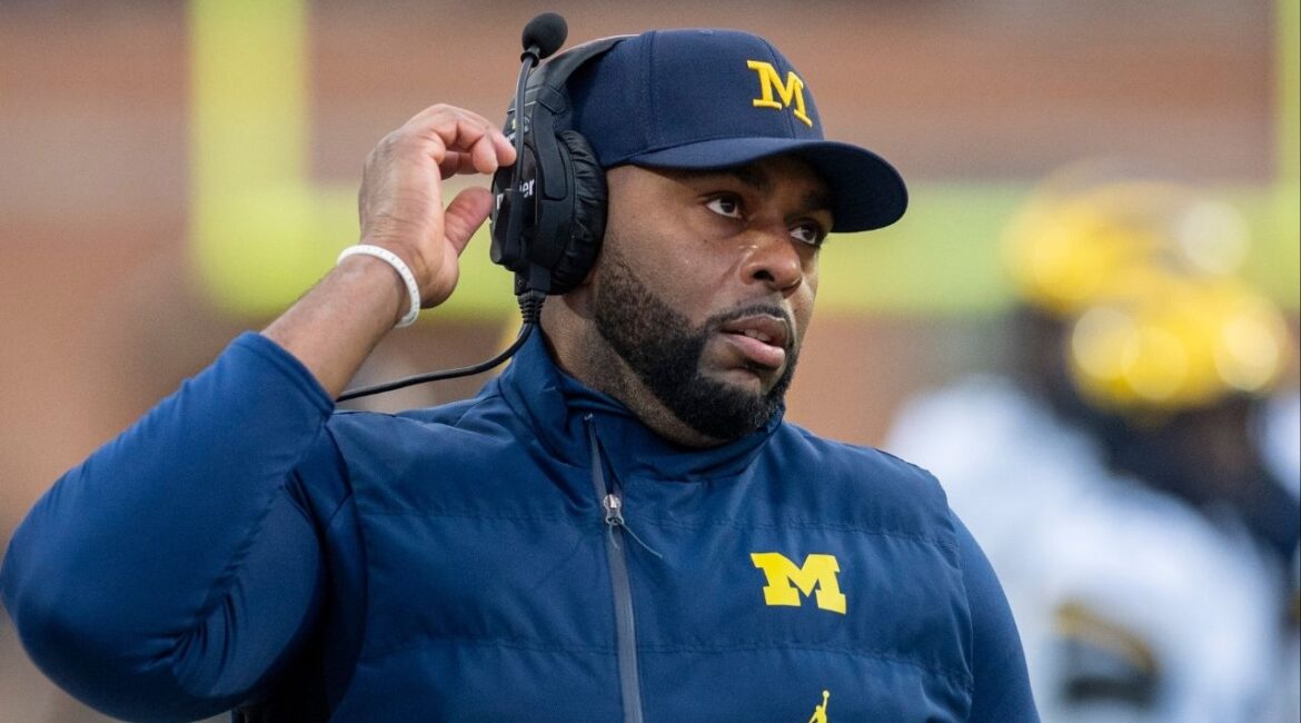 Nov 22, 2025; College Park, Maryland, USA; Michigan Wolverines head coach Sherrone Moore on the sidelines during the first quarter against the Maryland Terrapins at SECU Stadium. (Tommy Gilligan-Imagn Images)