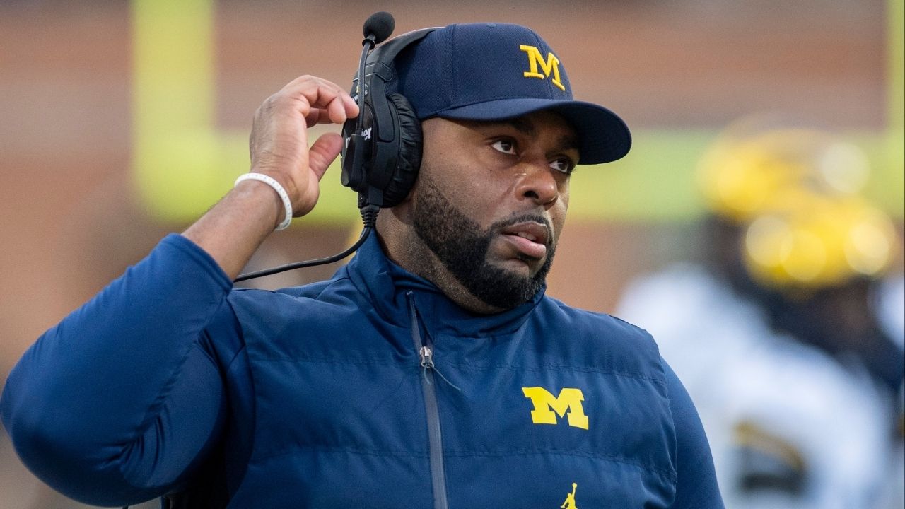 Nov 22, 2025; College Park, Maryland, USA; Michigan Wolverines head coach Sherrone Moore on the sidelines during the first quarter against the Maryland Terrapins at SECU Stadium. (Tommy Gilligan-Imagn Images)
