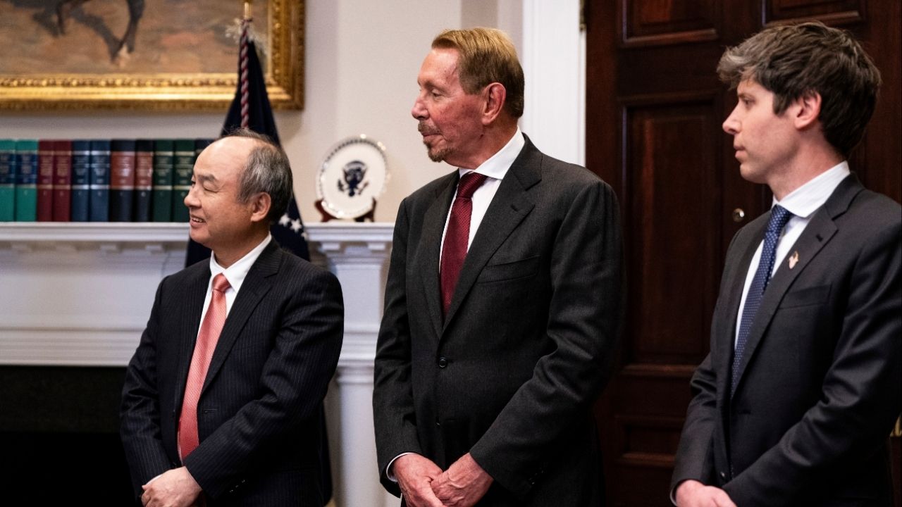 Oracle Chairman Larry Ellison, center, attends an event on artificial intelligence policy at the White House, on Jan. 21, 2025. Larry Ellison is backstopping Paramount’s bid for Warner Brothers, but Warner is concerned that the billionaire has not provided a personal guarantee to pay. (Haiyun Jiang/The New York Times)..