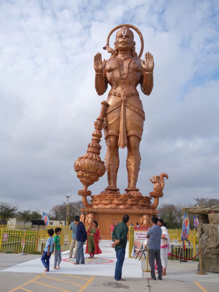 Image of the 90-foot-tall statue of the Hindu deity Hanuman at a temple in Sugar Land, Texas