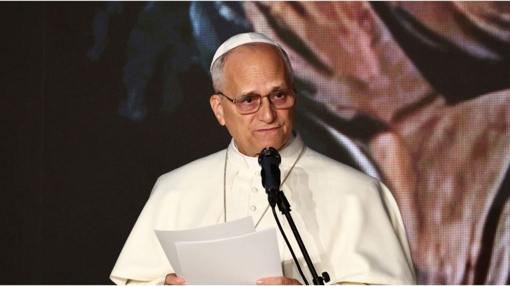 Pope Leo XIV speaks as he attends an ecumenical and interreligious meeting in Martyrs' Square, during his first apostolic journey, in Beirut, Lebanon December 1, 2025. (Reuters/Yara Nardi)
