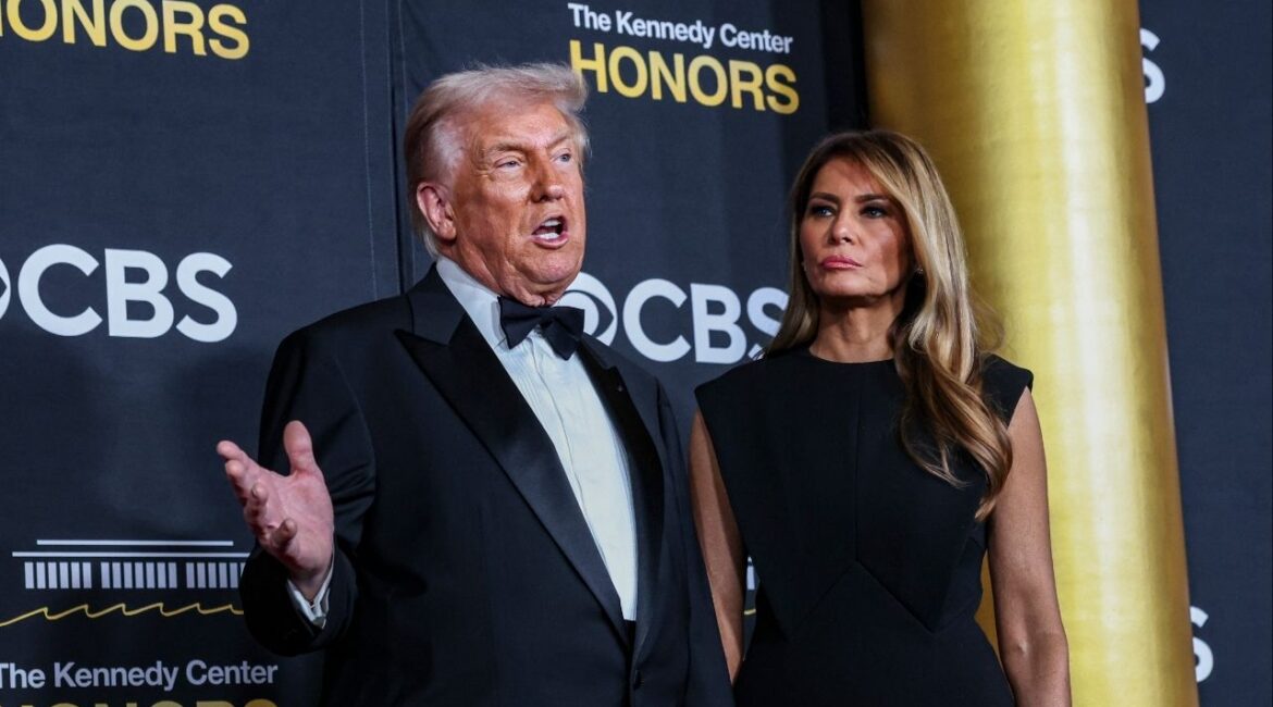 President Donald Trump and first lady Melania Trump arrive at the Kennedy Center Honors in Washington, Dec. 7, 2025. President Trump weighed in for the first time on the proposed $83 billion deal between Netflix and Warner Bros., saying late on Sunday that the merger “could be a problem.” (Valerie Plesch/The New York Times)
