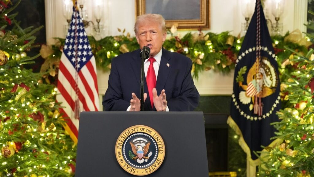 President Donald Trump delivers an address to the nation from the Diplomatic Reception Room of the White House in Washington, on Wednesday, Dec. 17, 2025. (Doug Mills/The New York Times)