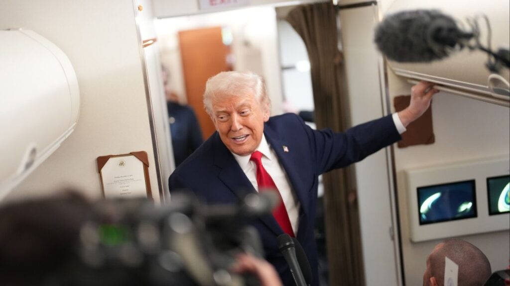 President Donald Trump speaks to reporters aboard Air Force One as he traveled to Pennsylvania, on Tuesday, Dec. 9, 2025. The Trump administration’s tariffs continued to weigh on trade in September, as imports grew just 0.6 percent from August to $342.1 billion. (Doug Mills/The New York Times)