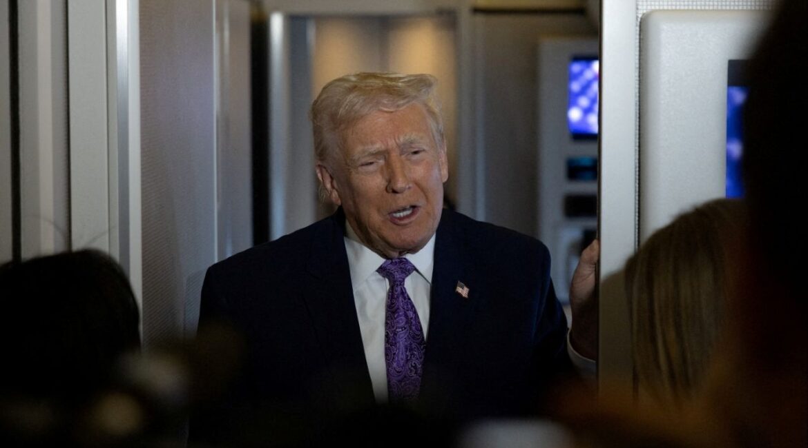 President Donald Trump speaks to reporters during travel to Washington, D.C., from Palm Beach International Airport, Florida, U.S., November 30, 2025. (Reuters/Anna Rose Layden)