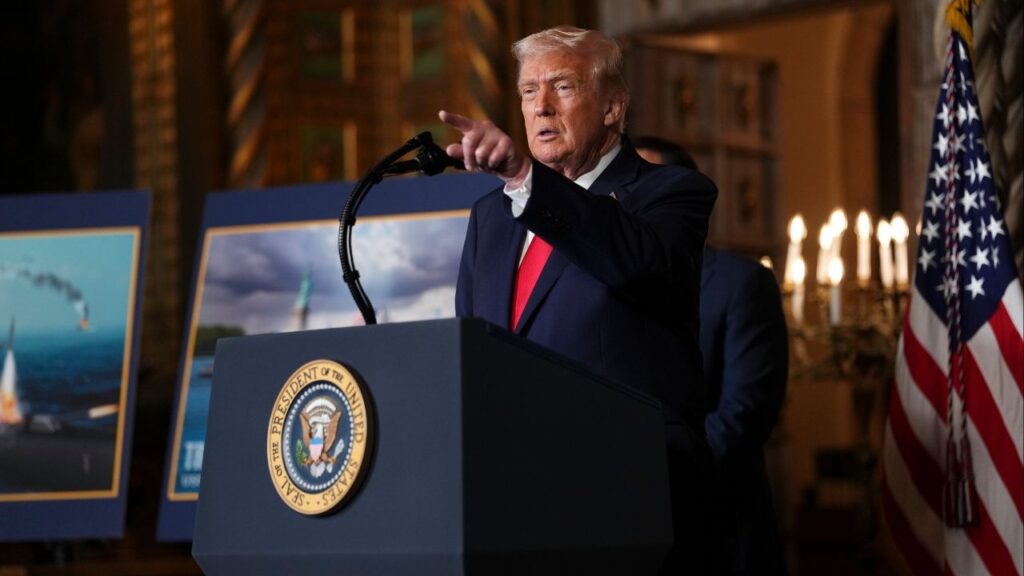 President Donald Trump takes questions from reporters alongside renderings labeled as a “Trump Class” ship for the Navy during an event at Mar-a-Lago in Palm Beach, Fla., on Monday, Dec. 22, 2025. Trump on Monday said he expects the U.S. government to acquire 25 of the new vessels that are expected to be called Trump-class battleships. (Eric Lee/The New York Times)