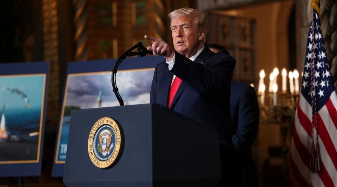President Donald Trump takes questions from reporters alongside renderings labeled as a “Trump Class” ship for the Navy during an event at Mar-a-Lago in Palm Beach, Fla., on Monday, Dec. 22, 2025. Trump on Monday said he expects the U.S. government to acquire 25 of the new vessels that are expected to be called Trump-class battleships. (Eric Lee/The New York Times)