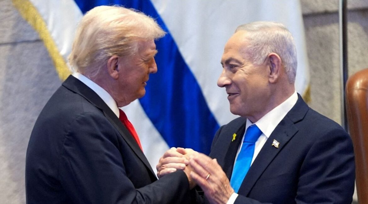 President Donald Trump talks with Israel's Prime Minister Benjamin Netanyahu at the Knesset, Monday, Oct. 13, 2025, in Jerusalem. (Evan Vucci/Pool via Reuters)