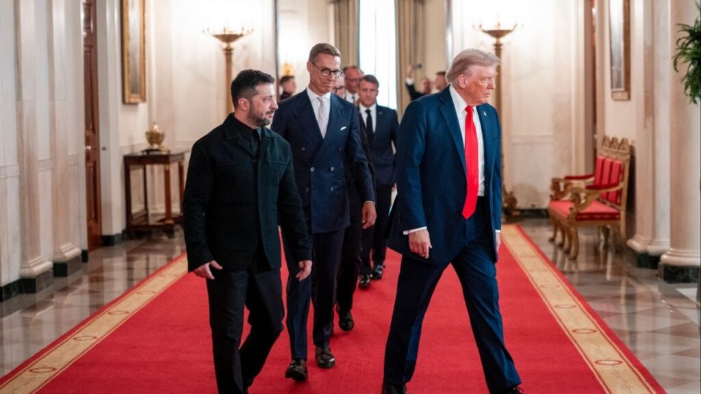 President Donald Trump walks with President Volodymyr Zelenskyy of Ukraine at the White House in Washington, on Monday, Aug. 18, 2025. Trump said in an interview published on Dec. 9 that Europe was weak and its nations were “decaying,” days after his administration issued a strategy paper that indicated that the United States should no longer guarantee the continent’s security. (Doug Mills/The New York Times)