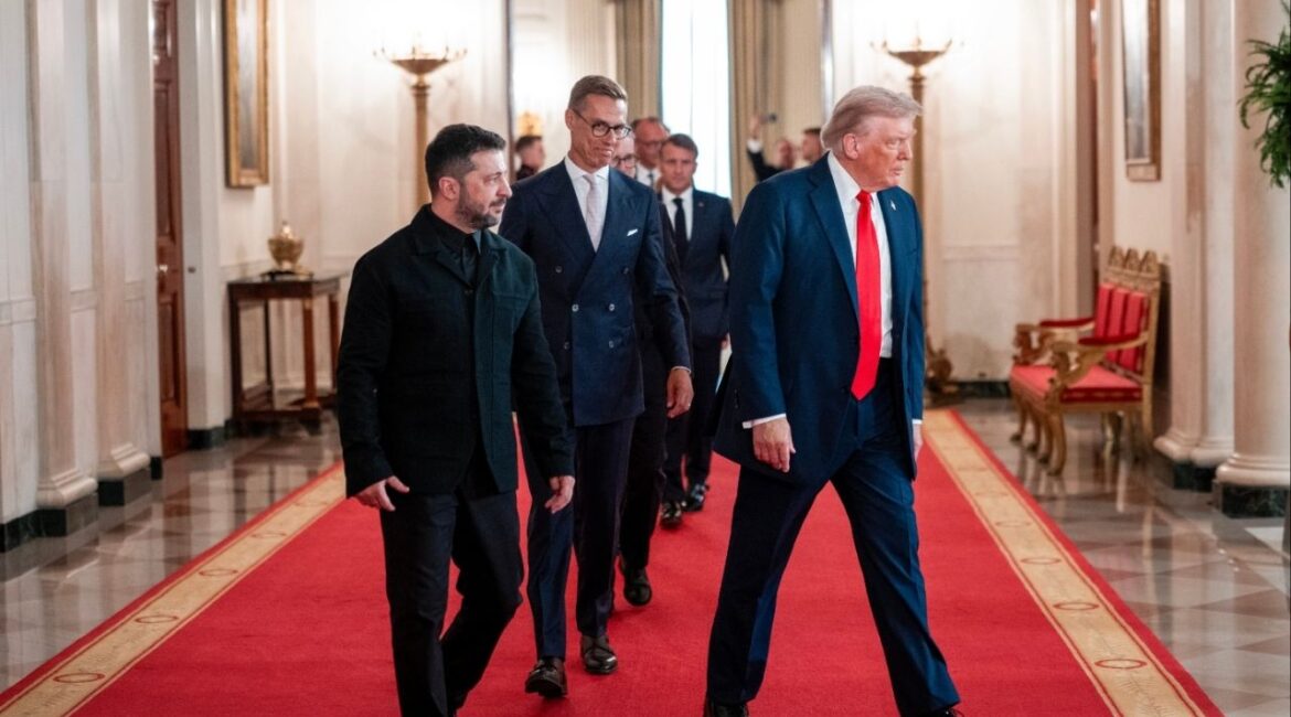 President Donald Trump walks with President Volodymyr Zelenskyy of Ukraine at the White House in Washington, on Monday, Aug. 18, 2025. Trump said in an interview published on Dec. 9 that Europe was weak and its nations were “decaying,” days after his administration issued a strategy paper that indicated that the United States should no longer guarantee the continent’s security. (Doug Mills/The New York Times)