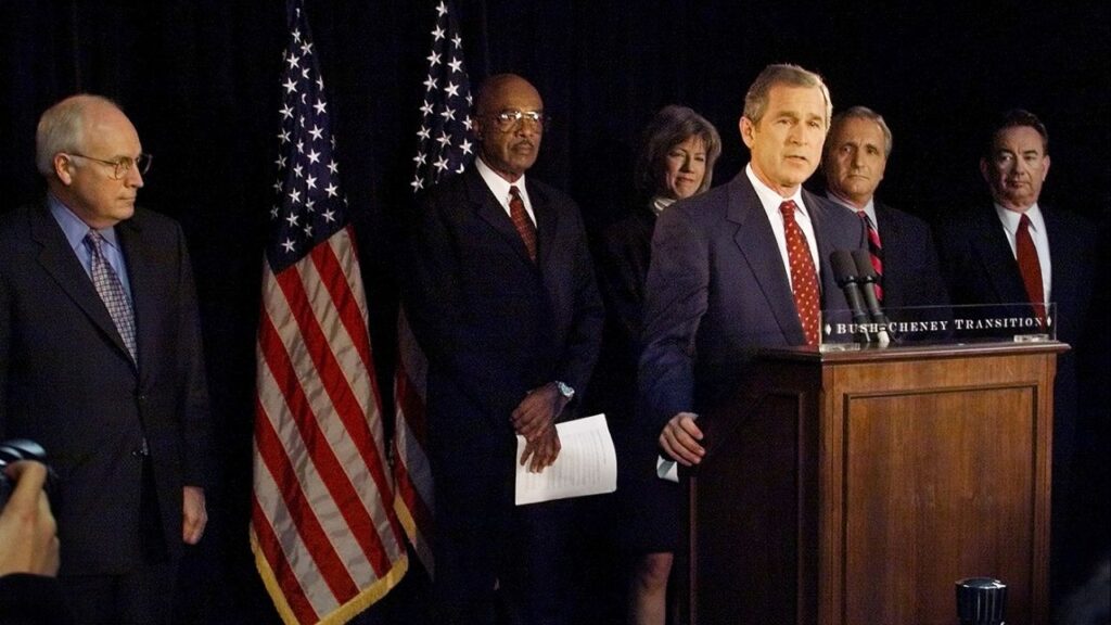 President-elect George W. Bush announces various members of his cabinet at the Bush-Cheney transition headquarters in Washington, Dec. 29, 2000. The nominees, standing behind him, are Rod Paige, to be Secretary of Education, second from left, Gale Norton, to be Secretary of the Interior, Anthony Principi, to be Secretary of Veterans Affairs, Wisconsin Governor Tommy Thompson, right, to be Secretary of Health and Human Resources, as Vice President-elect Richard Cheney watches, far left. Paige, who was President George W. Bush’s first secretary of education but who left amid a series of controversies that included attacks on foes of the No Child Left Behind law, died on Tuesday, Dec. 9, 2025, in Houston. He was 92. (Ruth Fremson/The New York Times)