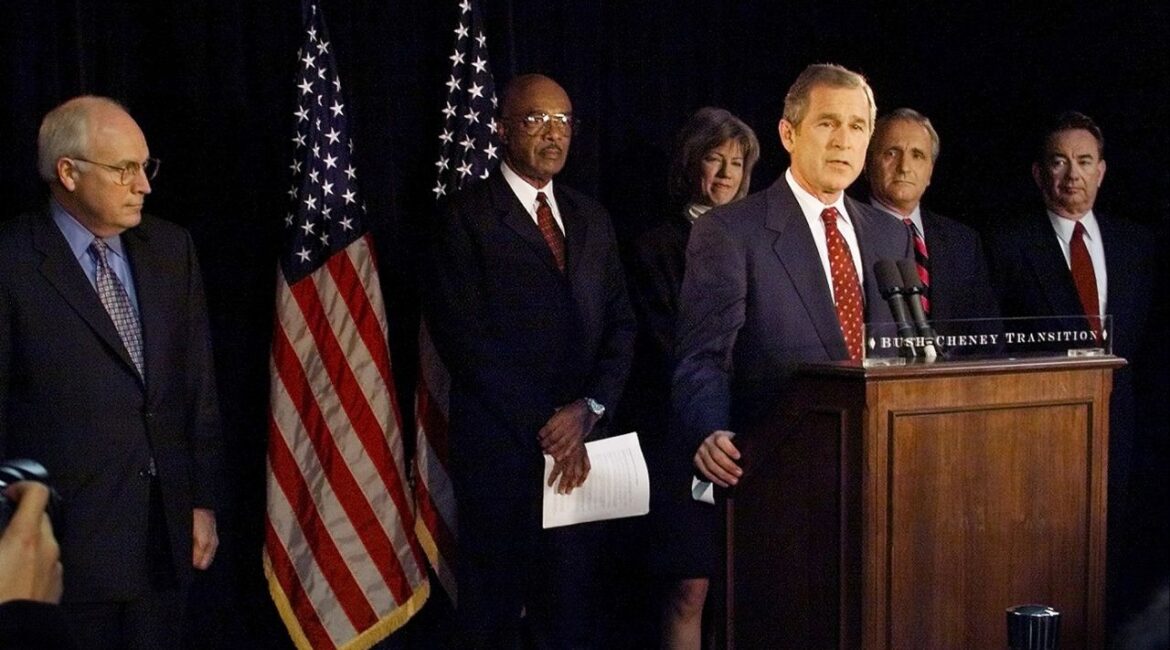 President-elect George W. Bush announces various members of his cabinet at the Bush-Cheney transition headquarters in Washington, Dec. 29, 2000. The nominees, standing behind him, are Rod Paige, to be Secretary of Education, second from left, Gale Norton, to be Secretary of the Interior, Anthony Principi, to be Secretary of Veterans Affairs, Wisconsin Governor Tommy Thompson, right, to be Secretary of Health and Human Resources, as Vice President-elect Richard Cheney watches, far left. Paige, who was President George W. Bush’s first secretary of education but who left amid a series of controversies that included attacks on foes of the No Child Left Behind law, died on Tuesday, Dec. 9, 2025, in Houston. He was 92. (Ruth Fremson/The New York Times)