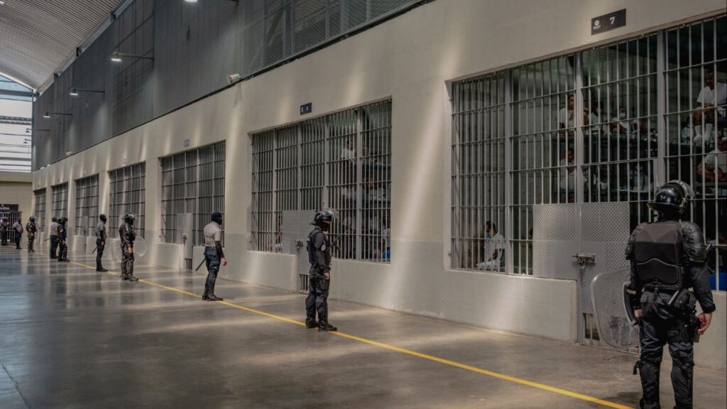 Prison guards at the Terrorism Confinement Center, or CECOT, in Tecoluca, El Salvador, March 11, 2025. In a move that drew harsh criticism from its own correspondent, CBS News abruptly removed a segment from Sunday’s episode of “60 Minutes” that was to feature the stories of Venezuelan men deported by the Trump administration to what the program called a “brutal” prison in El Salvador. (Fred Ramos/The New York Times)