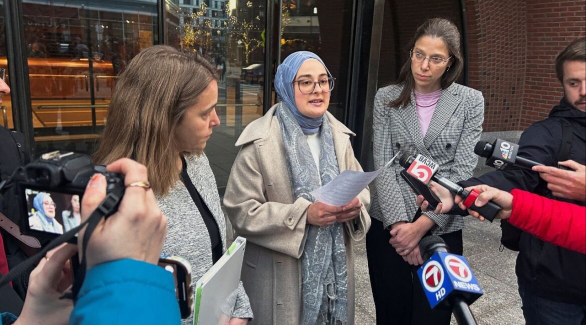 Rumeysa Ozturk, a Tufts University student from Turkey, speaks to reporters after urging a federal judge to order the Trump administration to restore her student visa record, outside the federal court in Boston, Massachusetts, U.S., December 4, 2025. (Reuters/Nate Raymond)
