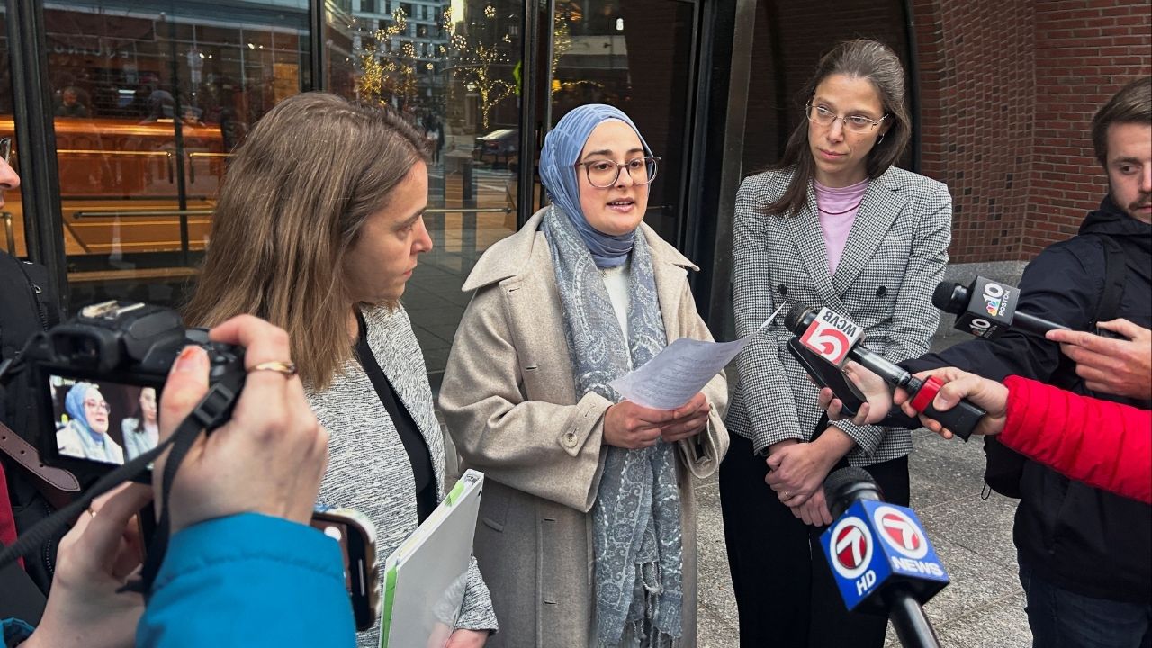 Rumeysa Ozturk, a Tufts University student from Turkey, speaks to reporters after urging a federal judge to order the Trump administration to restore her student visa record, outside the federal court in Boston, Massachusetts, U.S., December 4, 2025. (Reuters/Nate Raymond)