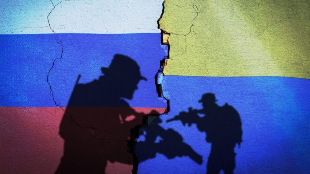 Illustration of armed soldiers facing off against the backdrop of Russian and Ukrainian flags, signifying the war between the countries.