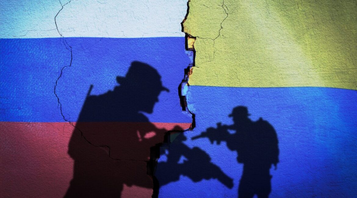 Illustration of armed soldiers facing off against the backdrop of Russian and Ukrainian flags, signifying the war between the countries.