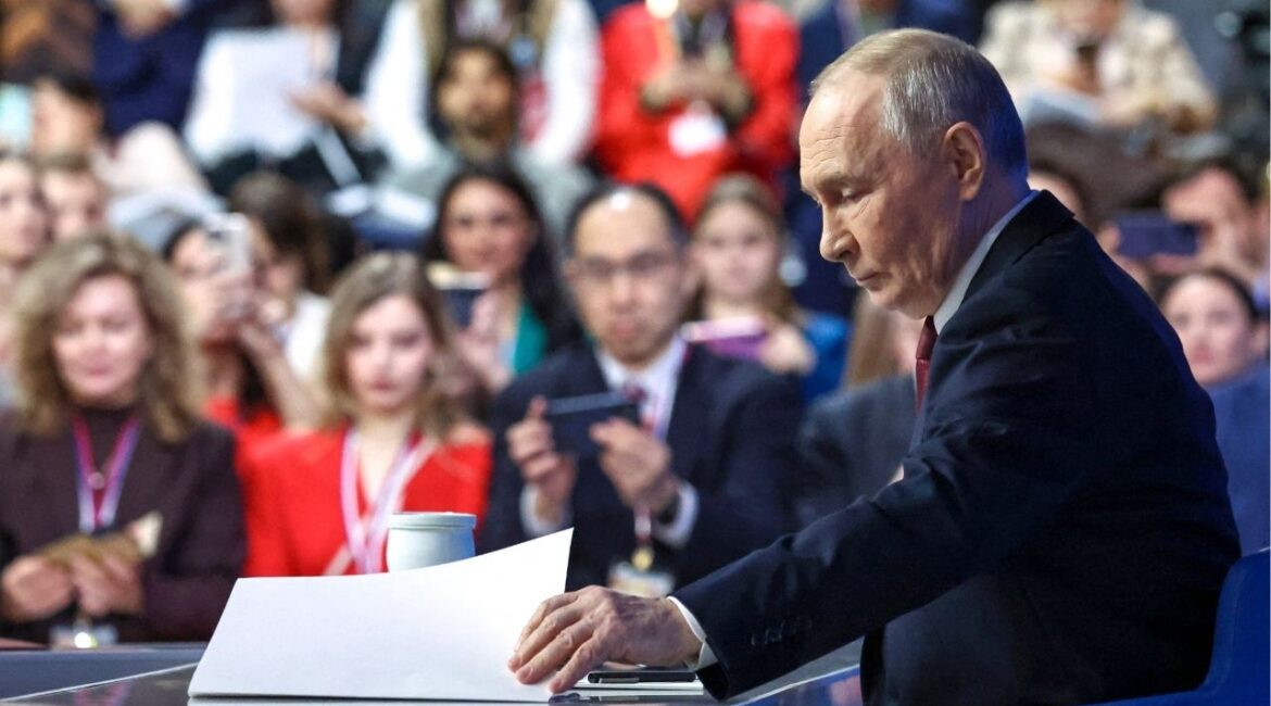 Russian President Vladimir Putin attends his annual end-of-year press conference and phone-in in Moscow, Russia December 19, 2025. (Sputnik/Alexander Kazakov/Pool via Reuters)