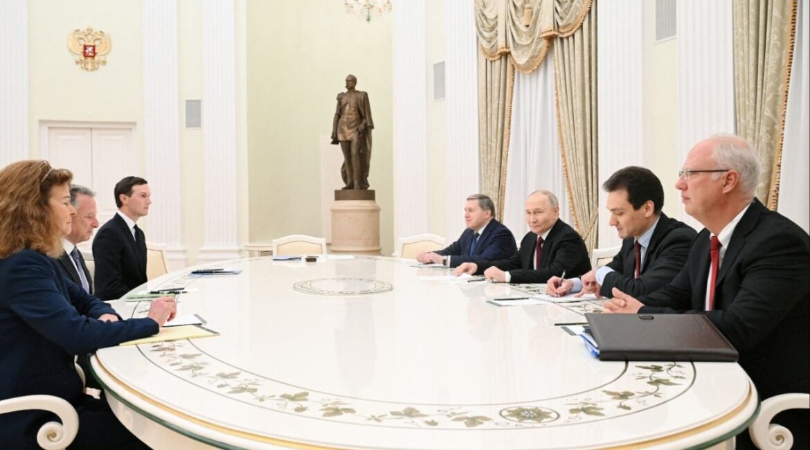 Russian President Vladimir Putin, presidential envoy Kirill Dmitriev and foreign policy aide Yuri Ushakov attend a meeting with U.S. President Donald Trump's special envoy Steve Witkoff and son-in-law Jared Kushner at the Kremlin in Moscow, Russia, December 2, 2025. (Sputnik/Kristina Kormilitsyna/Pool via Reuters)
