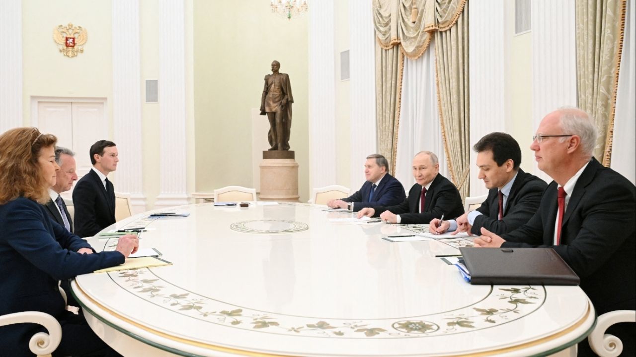 Russian President Vladimir Putin, presidential envoy Kirill Dmitriev and foreign policy aide Yuri Ushakov attend a meeting with U.S. President Donald Trump's special envoy Steve Witkoff and son-in-law Jared Kushner at the Kremlin in Moscow, Russia, December 2, 2025. (Sputnik/Kristina Kormilitsyna/Pool via Reuters)