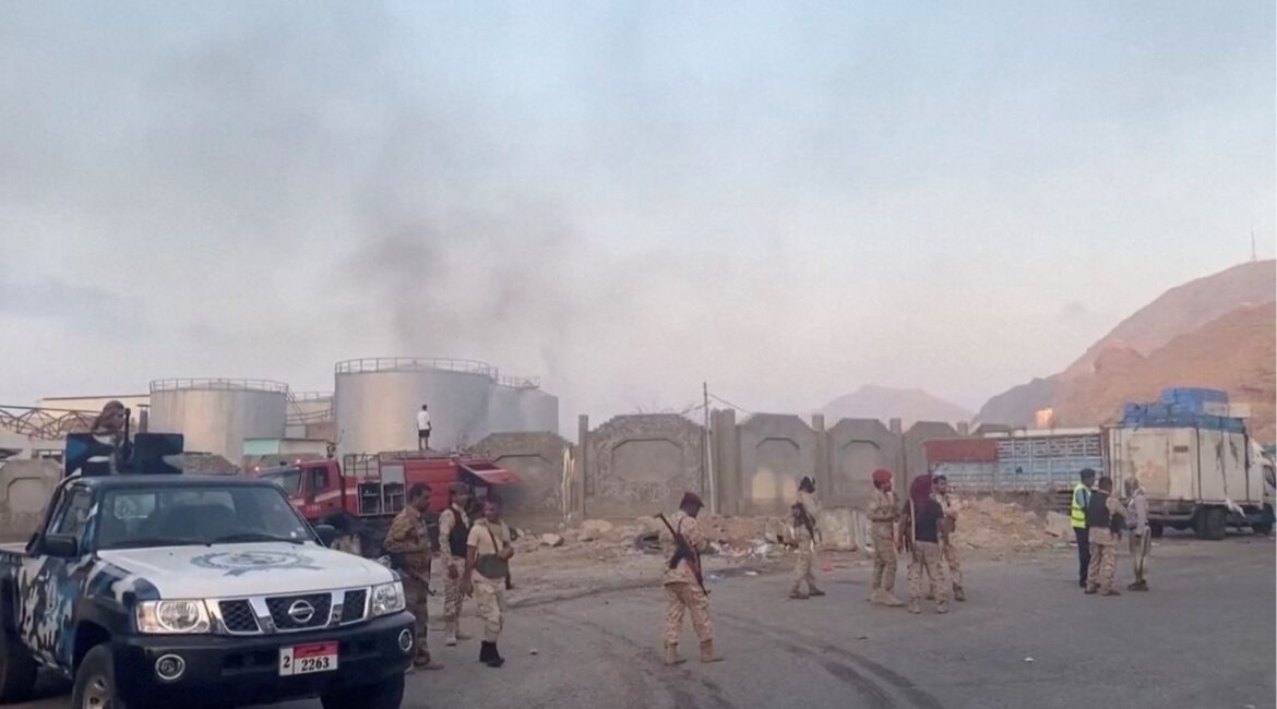 Smoke rises in the aftermath of a Saudi-led coalition airstrike, which targeted what it described as foreign military support to UAE-backed southern separatists, in Yemen's southern port of Mukalla, in this screengrab from a handout video obtained by Reuters on December 30, 2025. (SABAA TV/Handout via Reuters)