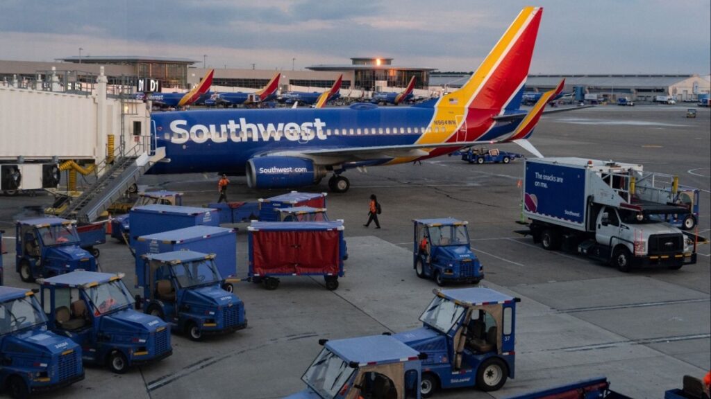 Southwest Airlines planes and vehicles sit on the tarmac at Nashville International Airport in Nashville, Tennessee, U.S., July 30, 2025. (Reuters/Kylie Cooper)