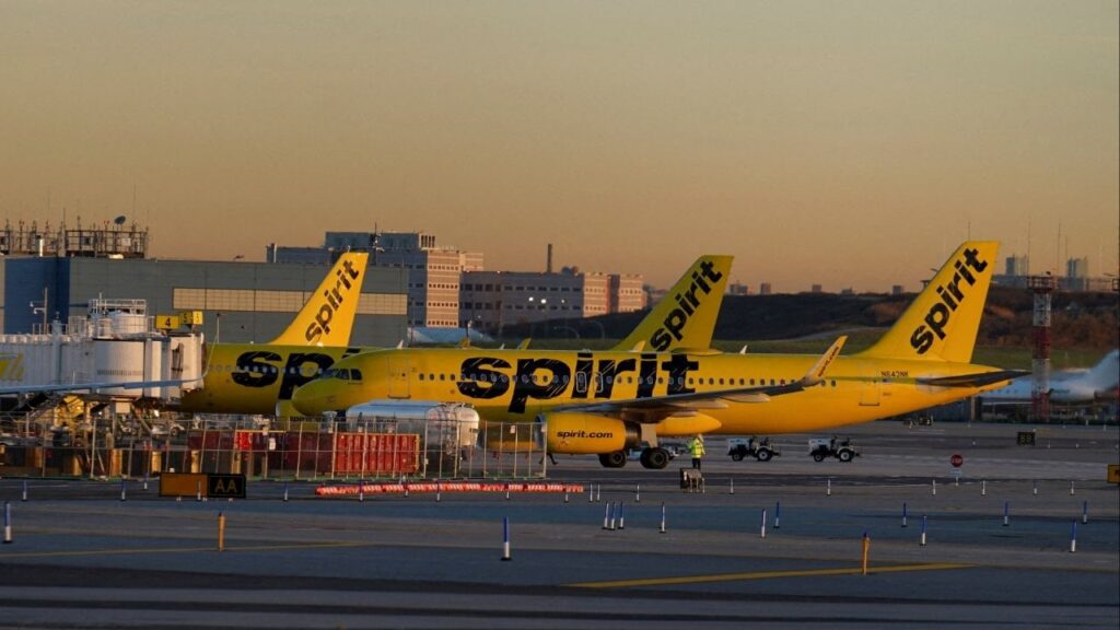 Spirit Airlines airplanes taxi on the tarmac at New York's Laguardia Airport, November 7, 2025. (Reuters File)