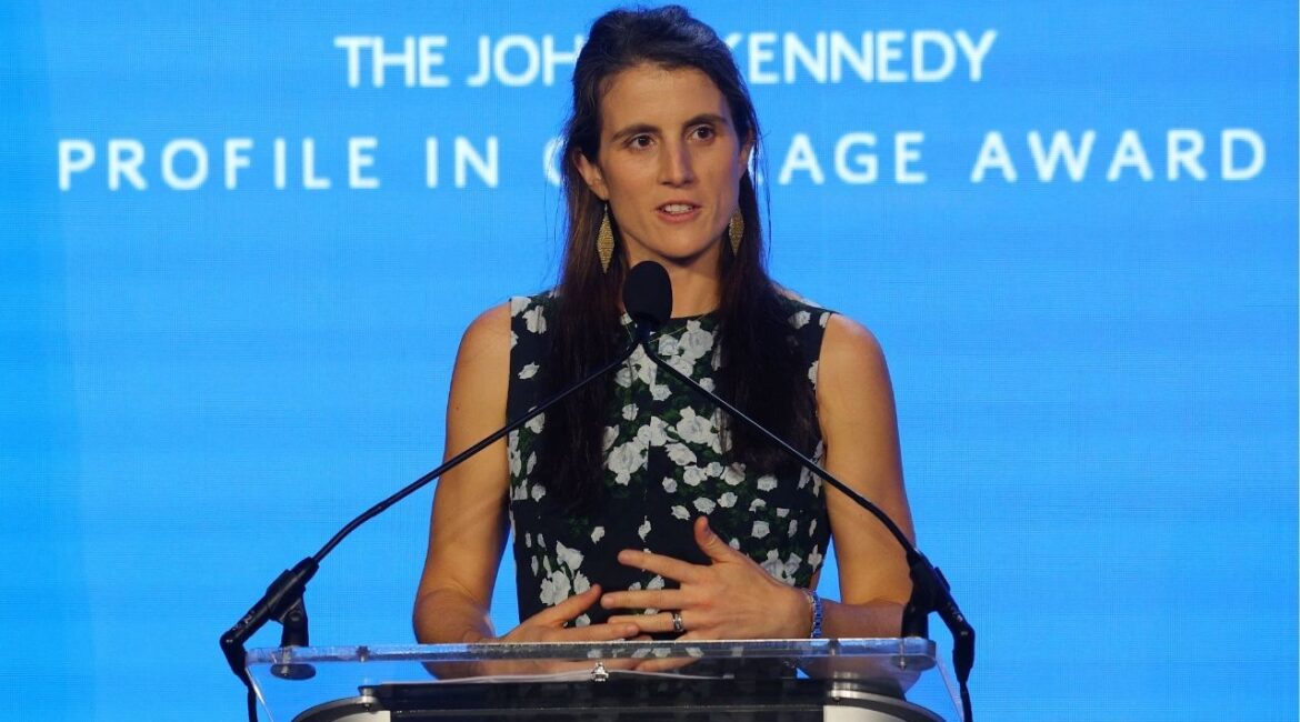 Tatiana Schlossberg, granddaughter of former U.S. President John F. Kennedy, speaks at the 2023 Profile in Courage Award ceremony at the John F. Kennedy Library in Boston, Massachusetts, U.S., October 29, 2023. (Reuters File)