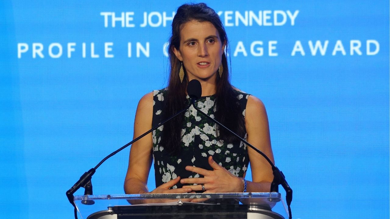 Tatiana Schlossberg, granddaughter of former U.S. President John F. Kennedy, speaks at the 2023 Profile in Courage Award ceremony at the John F. Kennedy Library in Boston, Massachusetts, U.S., October 29, 2023. (Reuters File)