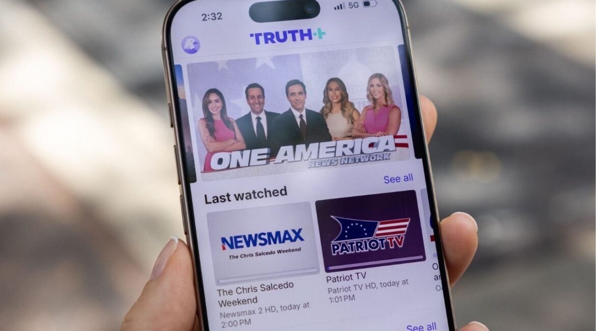 The Truth+ app being used on a phone in New York, July 13, 2025. Trump Media & Technology Group and TAE Technologies, a fusion power company, said Thursday they had agreed to an all stock merger valued at more than $6 billion. (Yuvraj Khanna/The New York Times)