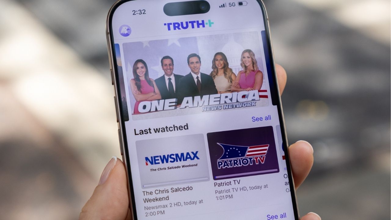 The Truth+ app being used on a phone in New York, July 13, 2025. Trump Media & Technology Group and TAE Technologies, a fusion power company, said Thursday they had agreed to an all stock merger valued at more than $6 billion. (Yuvraj Khanna/The New York Times)