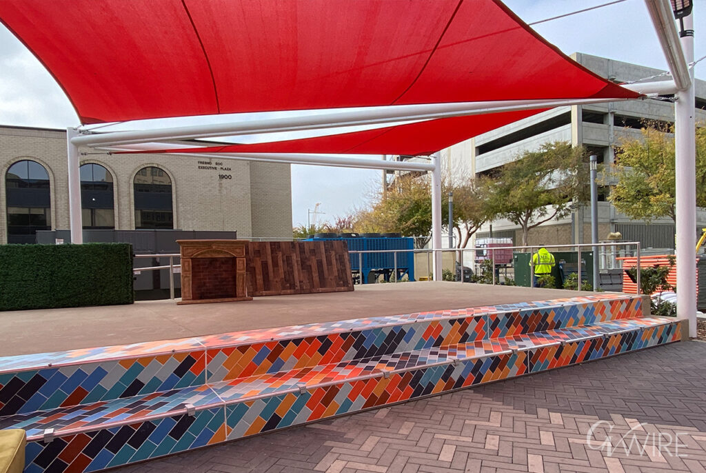 The reopened Mariposa Plaza features two stages with shading