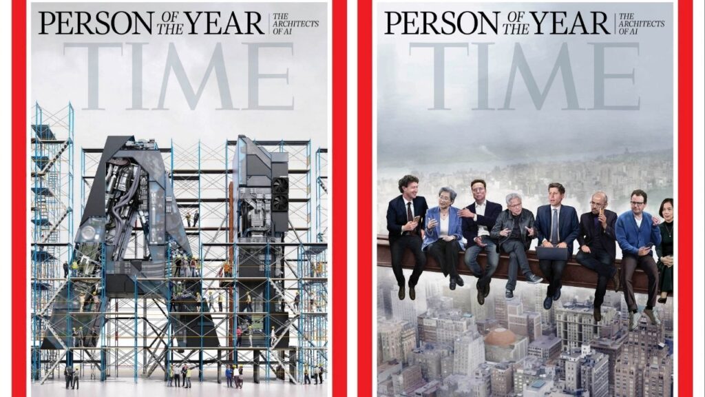 The two covers of Time magazine's 2025 Person of the Year issue with an illustration by Peter Crowther (left) depicting Jensen Huang, President and CEO of Nvidia; Elon Musk, xAI; Dario Amodei, CEO of Anthropic; Lisa Su, CEO of AMD; Mark Zuckerberg, CEO of Meta; Demis Hassabis, CEO of DeepMind Technologies; Fei-Fei Li, Co-Director of Stanford University's Human-Centered AI Institute and CEO of World Labs; and Sam Altman, CEO of Open AI, and a painting by Jason Seiler (right) depicting the same people, in this undated handout combination image obtained by Reuters on December 11, 2025. TIME/TIME Person of the Year/Handout via REUTERS