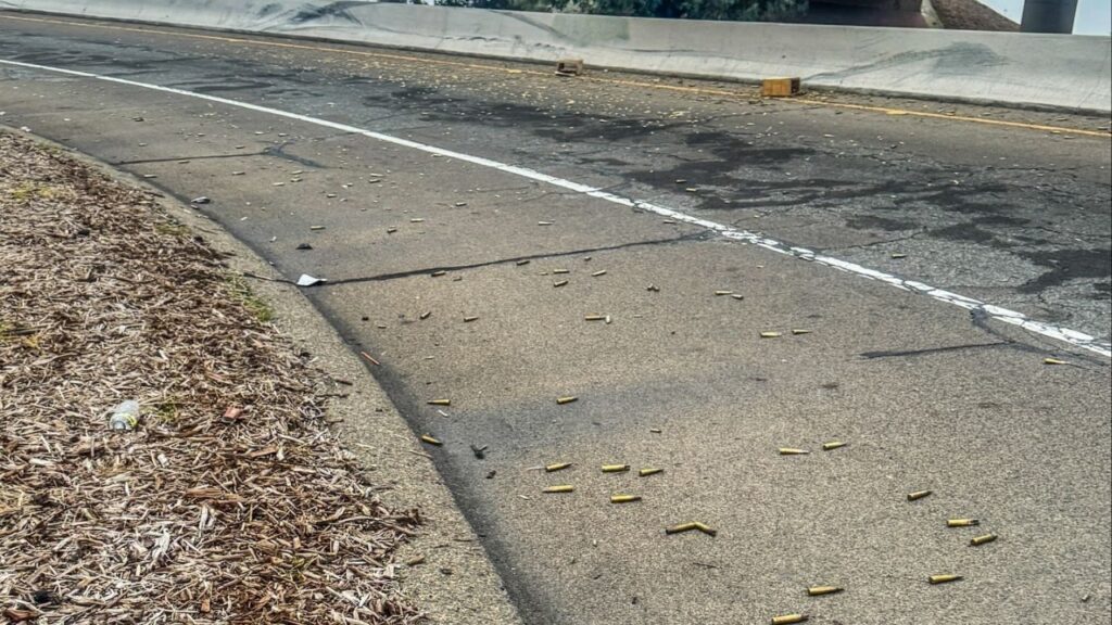 Thousands of loose ammo casings spilled from an unknown vehicle onto a Fresno highway transition Wednesday, creating a slippery hazard before Caltrans crews cleared the scene on Wednesday, Dec. 3, 2025. (CHP)