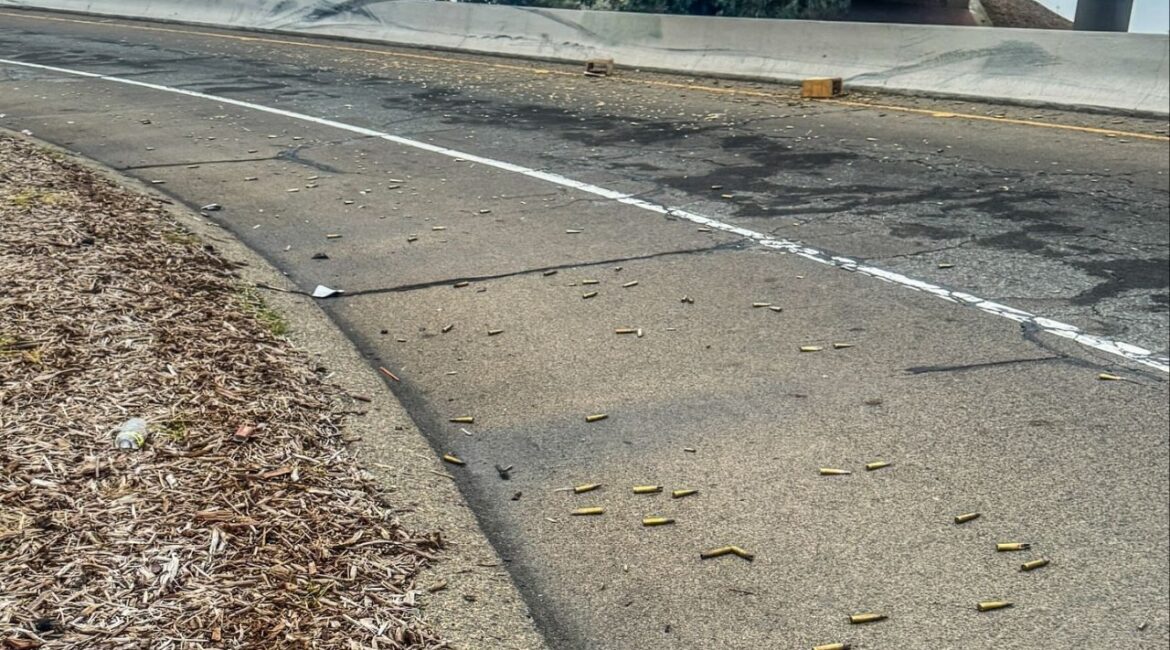 Thousands of loose ammo casings spilled from an unknown vehicle onto a Fresno highway transition Wednesday, creating a slippery hazard before Caltrans crews cleared the scene on Wednesday, Dec. 3, 2025. (CHP)