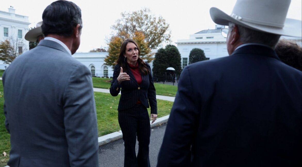 U.S. Agriculture Secretary Brooke Rollins speaks with Texas cattle ranchers outside the White House, in Washington, D.C., U.S., November 19, 2025. (Reuters/Evelyn Hockstein)