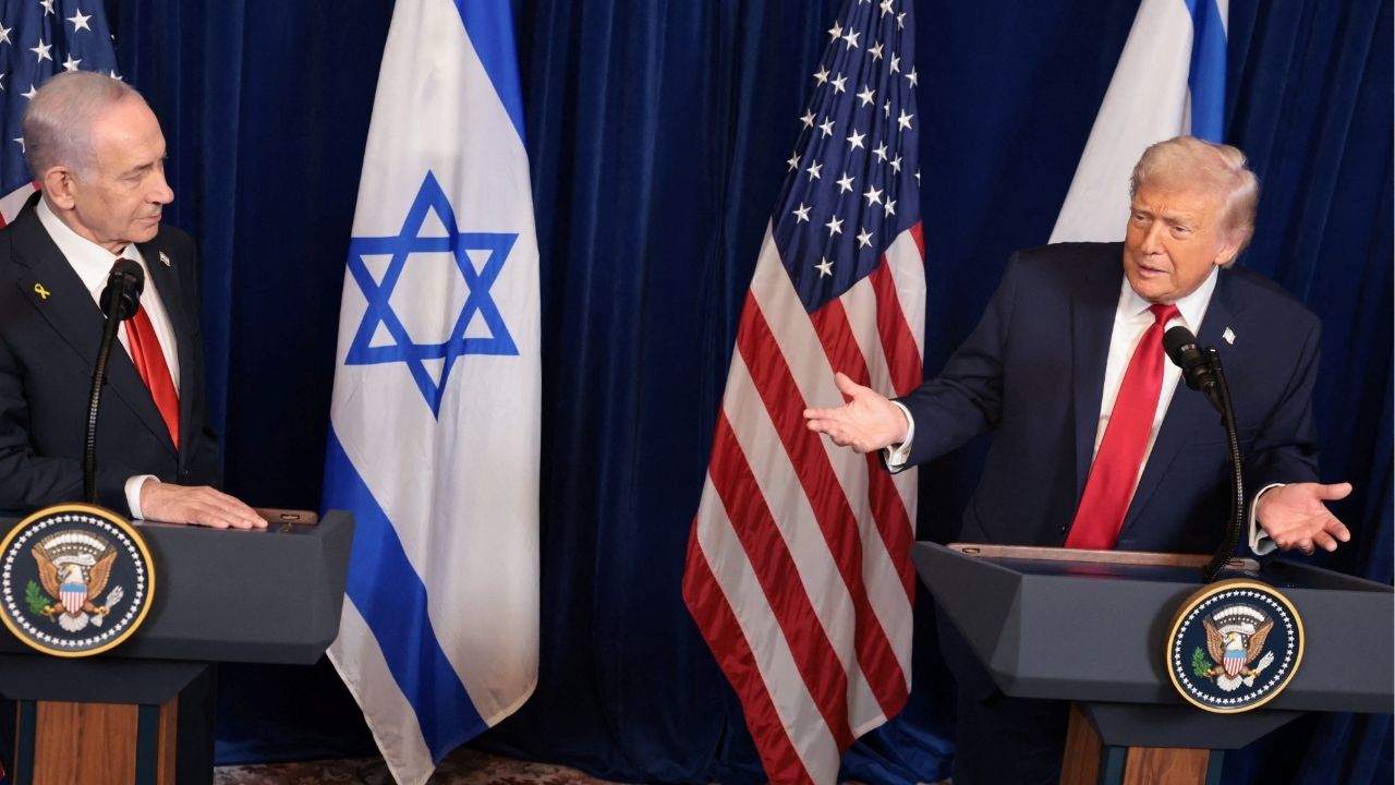 U.S. President Donald Trump and Israeli Prime Minister Benjamin Netanyahu hold a press conference after meeting at Trump’s Mar-a-Lago club in Palm Beach, Florida, U.S., December 29, 2025. (Reuters/Jonathan Ernst)