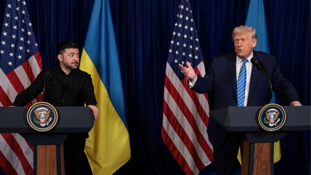 Ukrainian President Volodymyr Zelenskiy listens to U.S. President Donald Trump, after Trump said that Russian President Vladimir Putin expressed willingness to help Ukraine "succeed", during a press conference at Trump's Mar-a-Lago club, in Palm Beach, Florida, U.S., December 28, 2025. (Reuters/Jonathan Ernst)