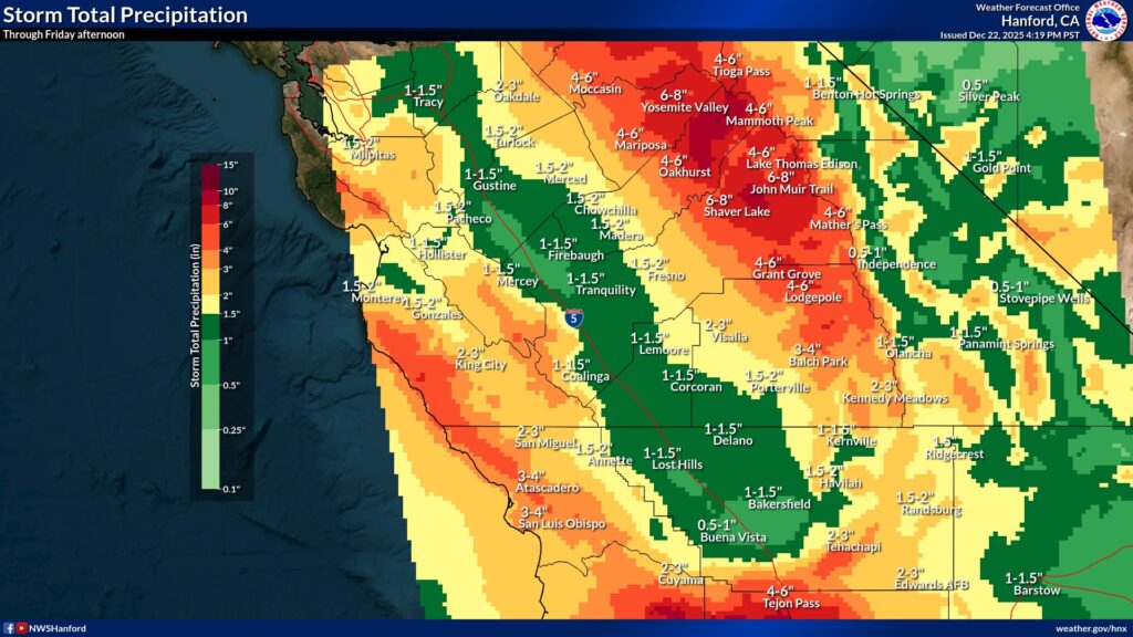 Image of projected rainfall for Central California by NWS Hanford