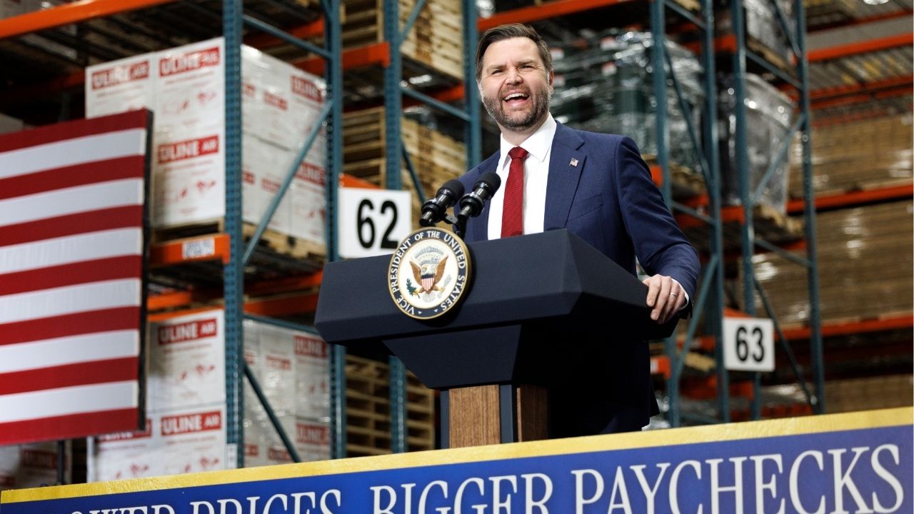 Vice President JD Vance speaks about the economy at Uline in Allentown, Pa., on Tuesday, Dec. 16, 2025. Erika Kirk, chief executive of Turning Point USA and the widow of the conservative activist Charlie Kirk, endorsed Vance for the 2028 presidential election on Dec. 18, promising to throw the weight of her influential organization behind his bid for the White House. (Tom Brenner/The New York Times)