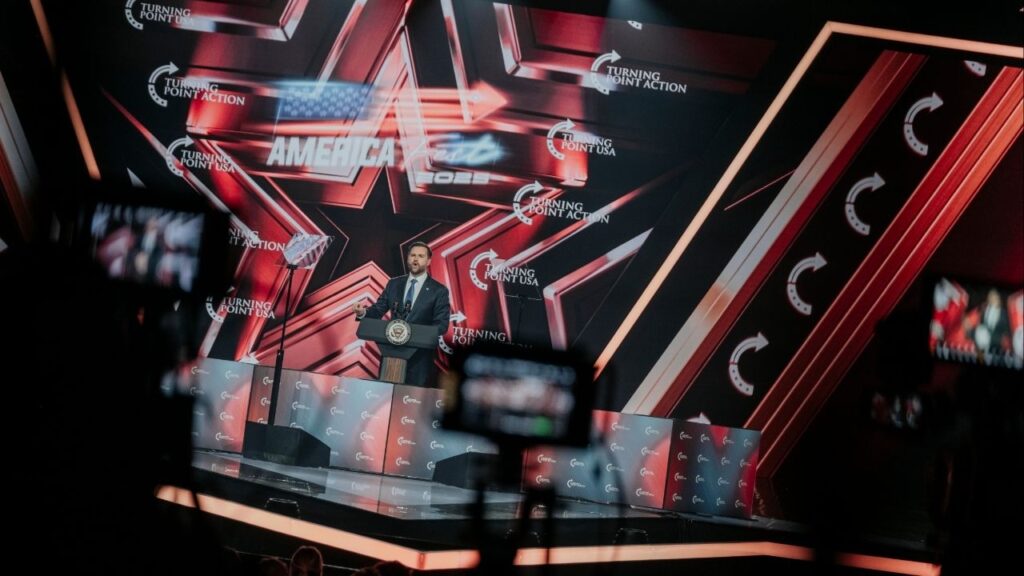 Vice President JD Vance speaks during AmericaFest in Phoenix, on Sunday, Dec. 21, 2025. The vice president’s plea for a big-tent coalition at an annual conservative gathering belied the cracks in his party over antisemitism, racism and conspiracy theories. (Jordan Gale/The New York Times)