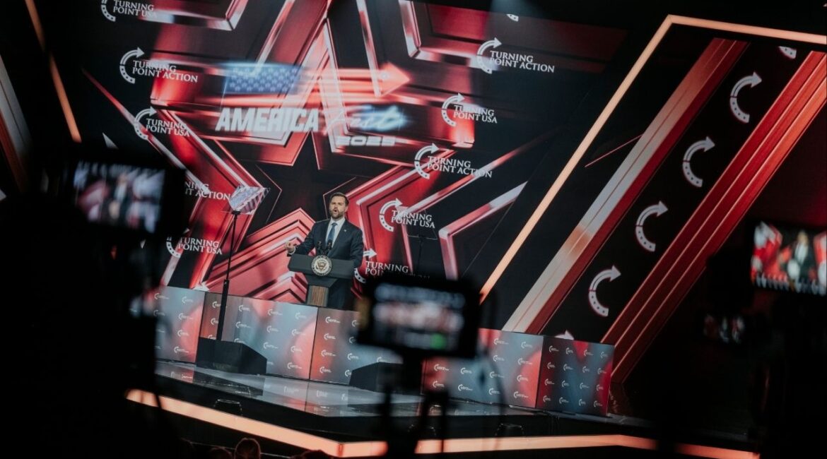 Vice President JD Vance speaks during AmericaFest in Phoenix, on Sunday, Dec. 21, 2025. The vice president’s plea for a big-tent coalition at an annual conservative gathering belied the cracks in his party over antisemitism, racism and conspiracy theories. (Jordan Gale/The New York Times)