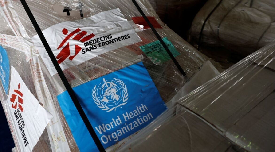 View of humanitarian supplies for Gaza, with the logos of Medecins Sans Frontieres (Doctors Without Borders) and World Health Organization, stored at the Egyptian Red Crescent warehouses storing aid, in the Egyptian border town of El-Arish, Egypt, April 8, 2025. (Reuters File)