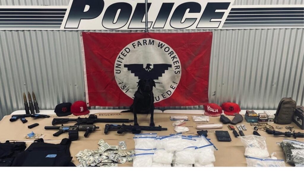 Visalia police seized about 28 pounds of methamphetamine, one pound of cocaine and multiple firearms during a search warrant served Thursday in the 1900 block of South Bradley Street, leading to the arrest of a 39-year-old man. (Visalia PD)
