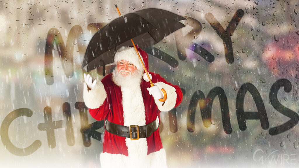 Image of Santa Claus arriving amid Christmas rain
